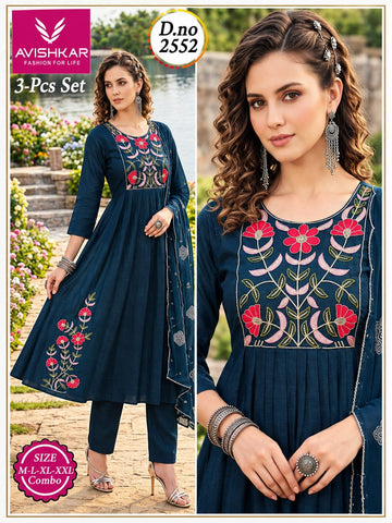 3-Pcs Embroidered Anarkali Kurti Set