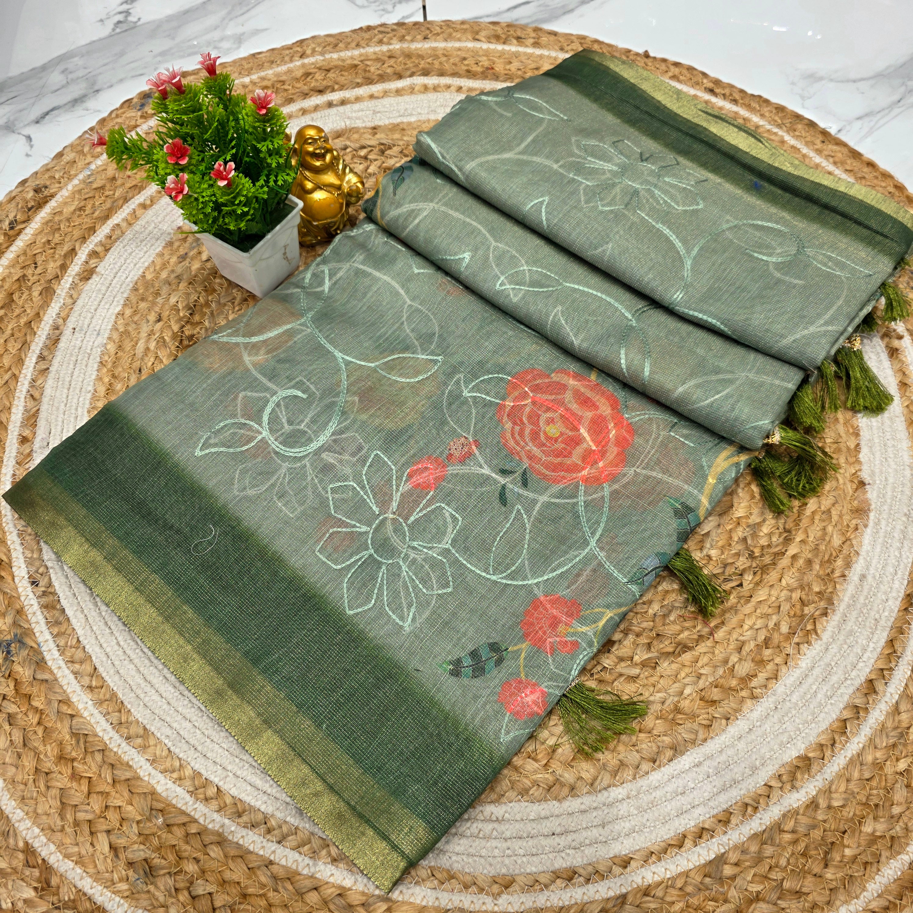 Premium Floral Linen Cotton Saree