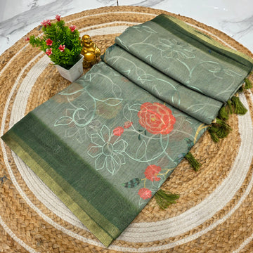 Premium Floral Linen Cotton Saree
