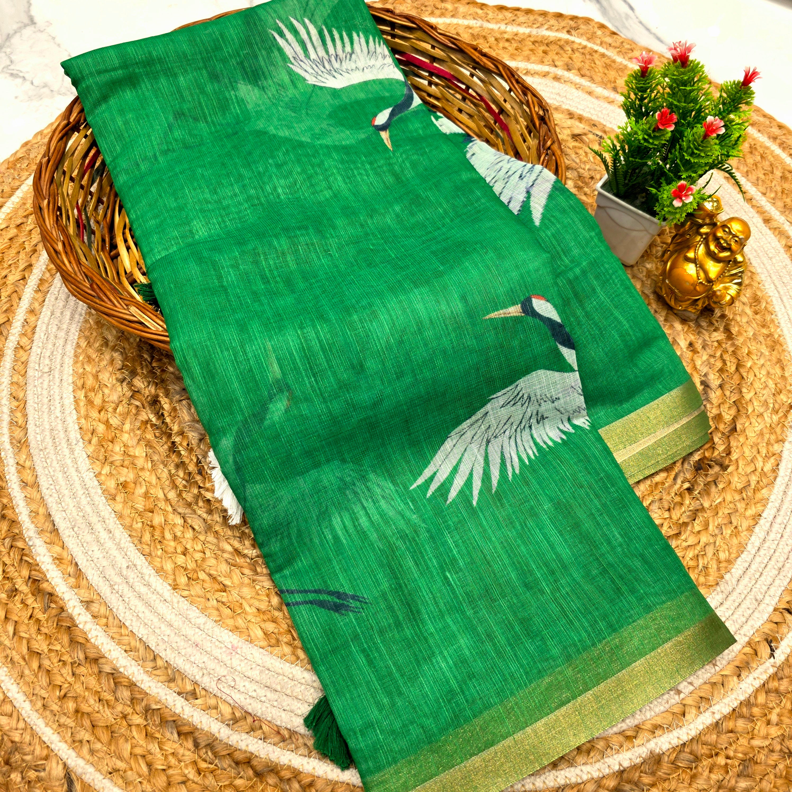 Linen Cotton Saree with Crane Print