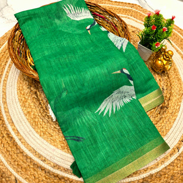 Linen Cotton Saree with Crane Print