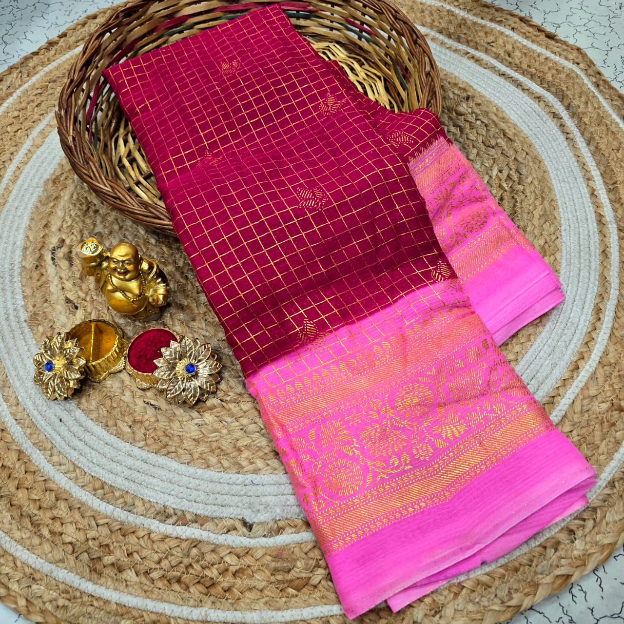 Premium Checked Zari Border Silk Saree