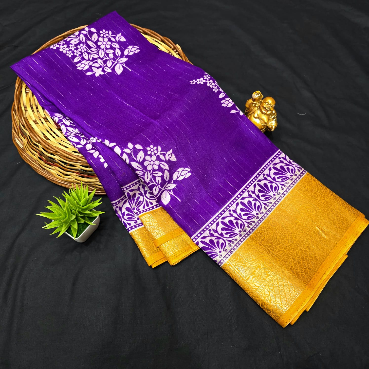 Purple & yellow Printed Silk saree