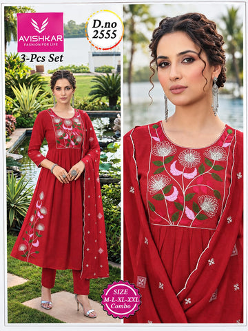 3-Pcs Embroidered Anarkali Kurti Set