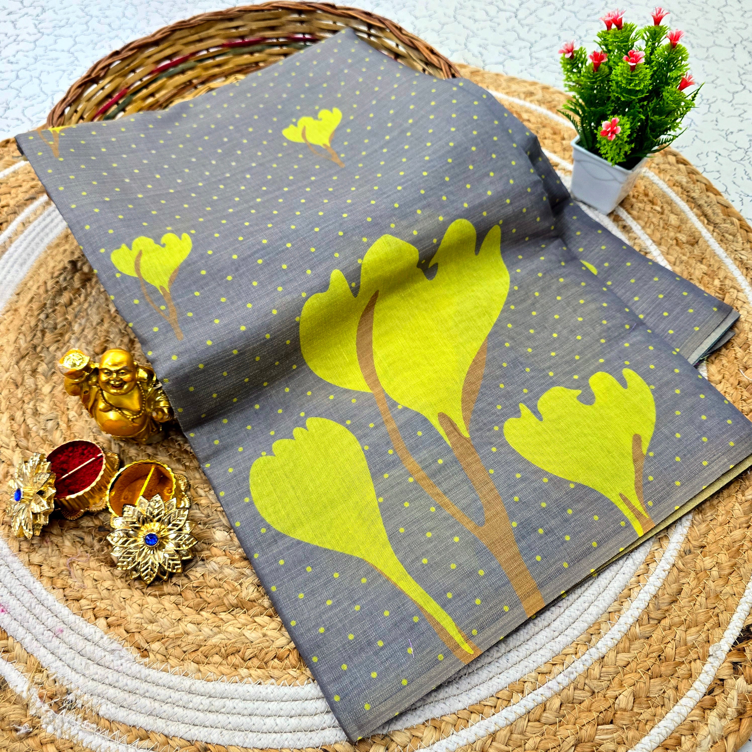 Floral Printed Linen Cotton Saree