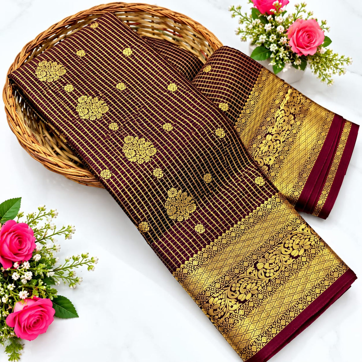 Trending Coffee Brown Checked Silk Saree