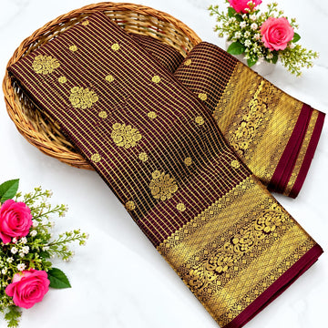 Trending Coffee Brown Checked Silk Saree