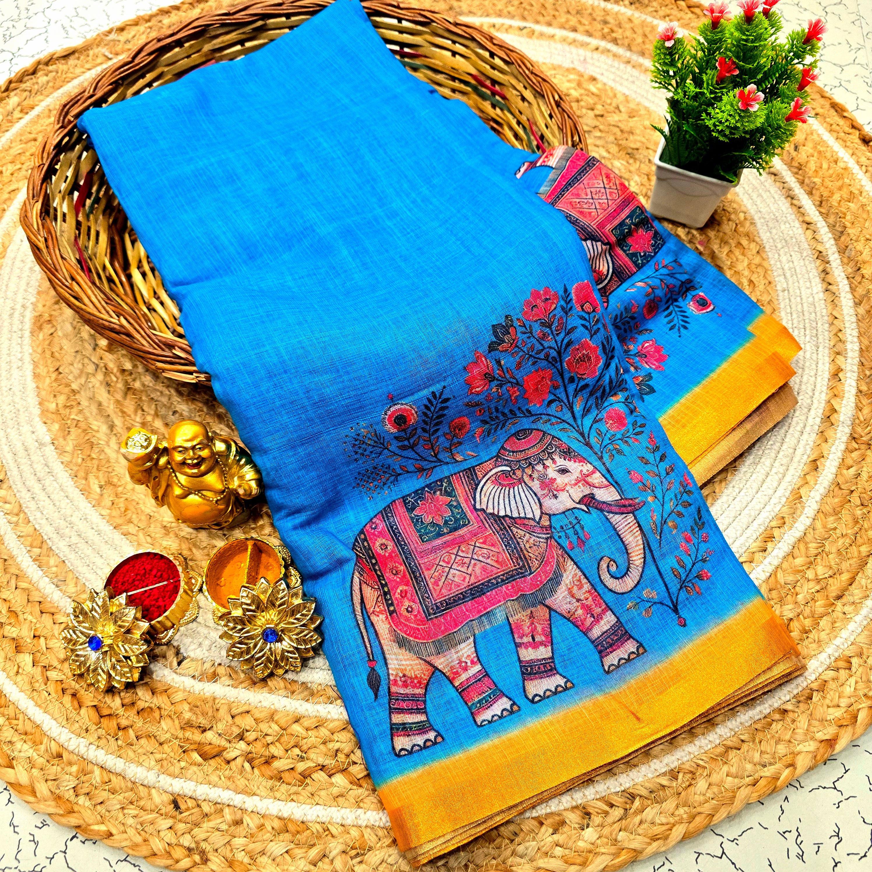 Linen Cotton Elephant Design Saree