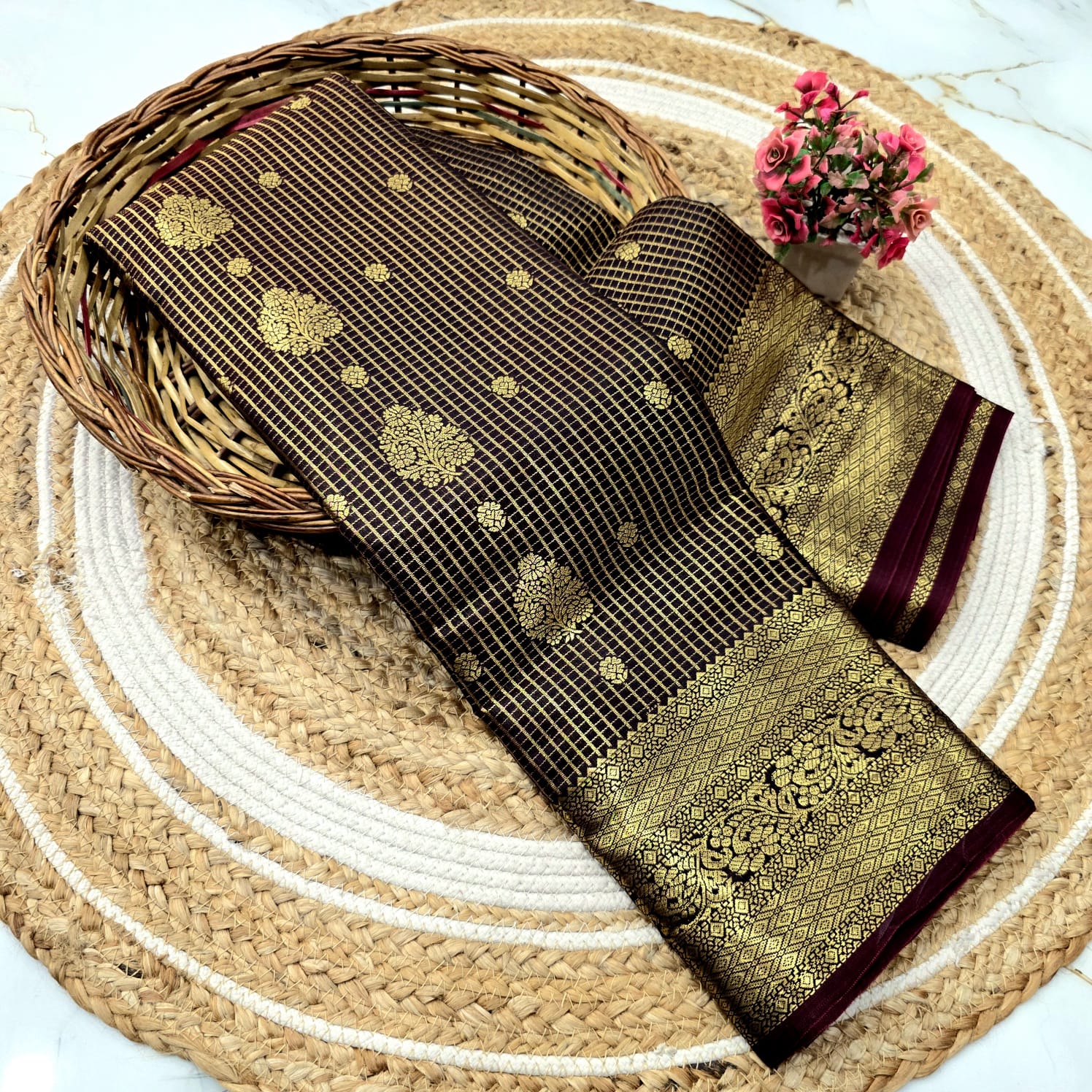 Coffee Brown Checked Zari Silk Saree