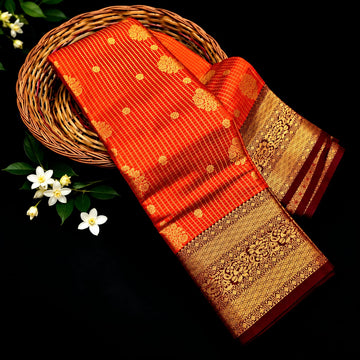 Trending Rust Orange Checked Silk Saree