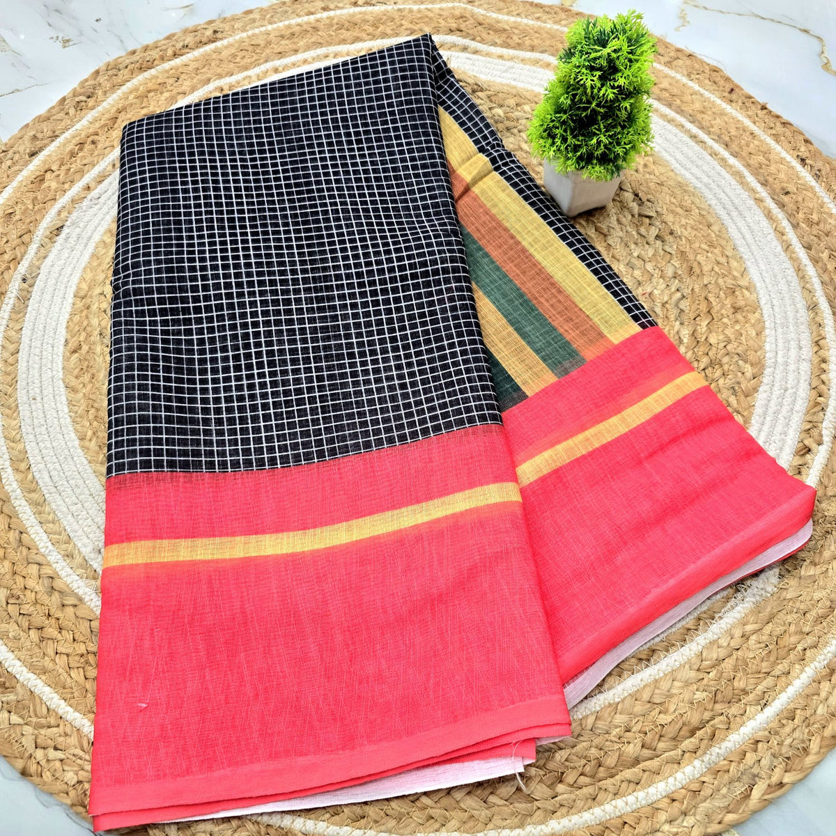 Linen Checked Cotton Saree
