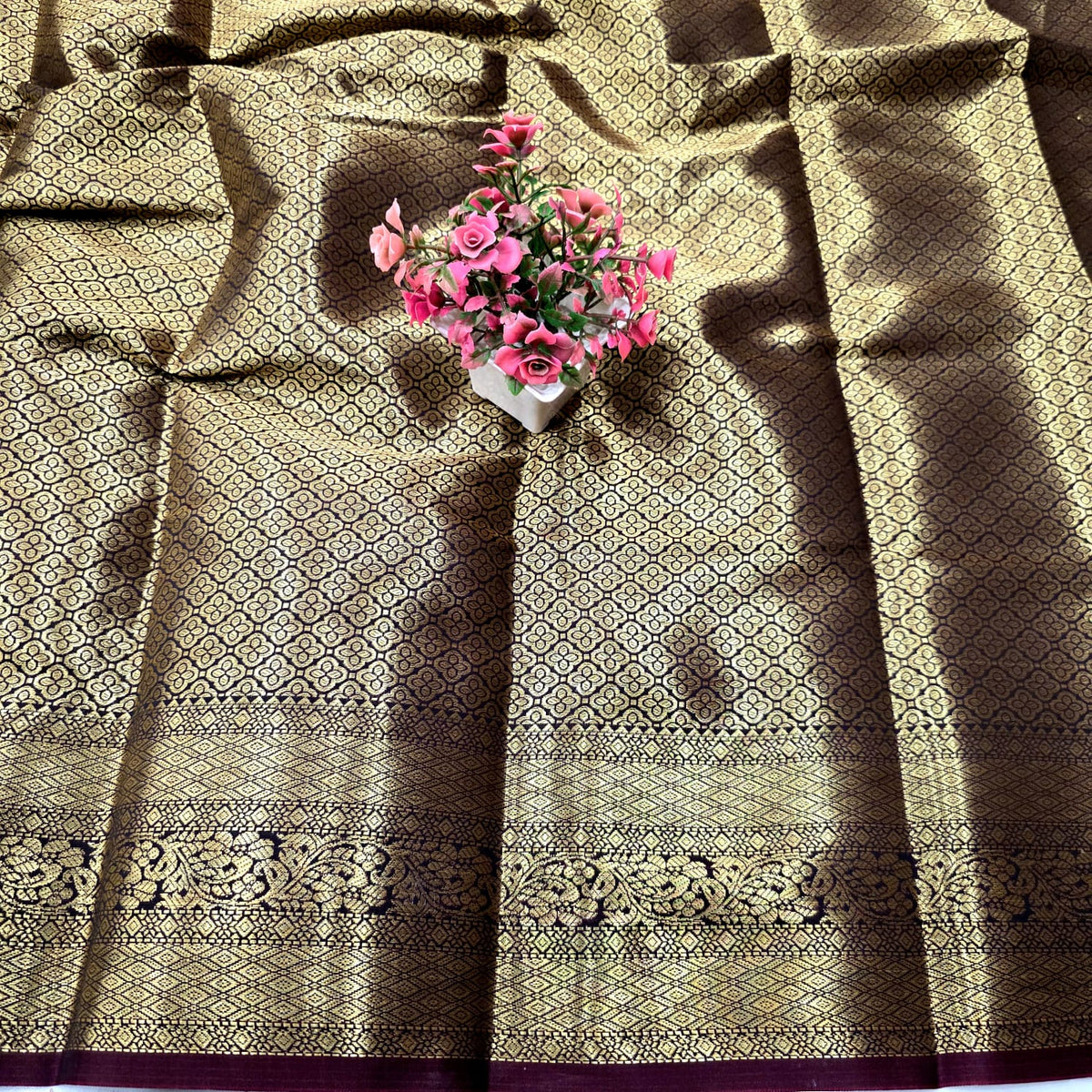 Coffee Brown Checked Zari Silk Saree