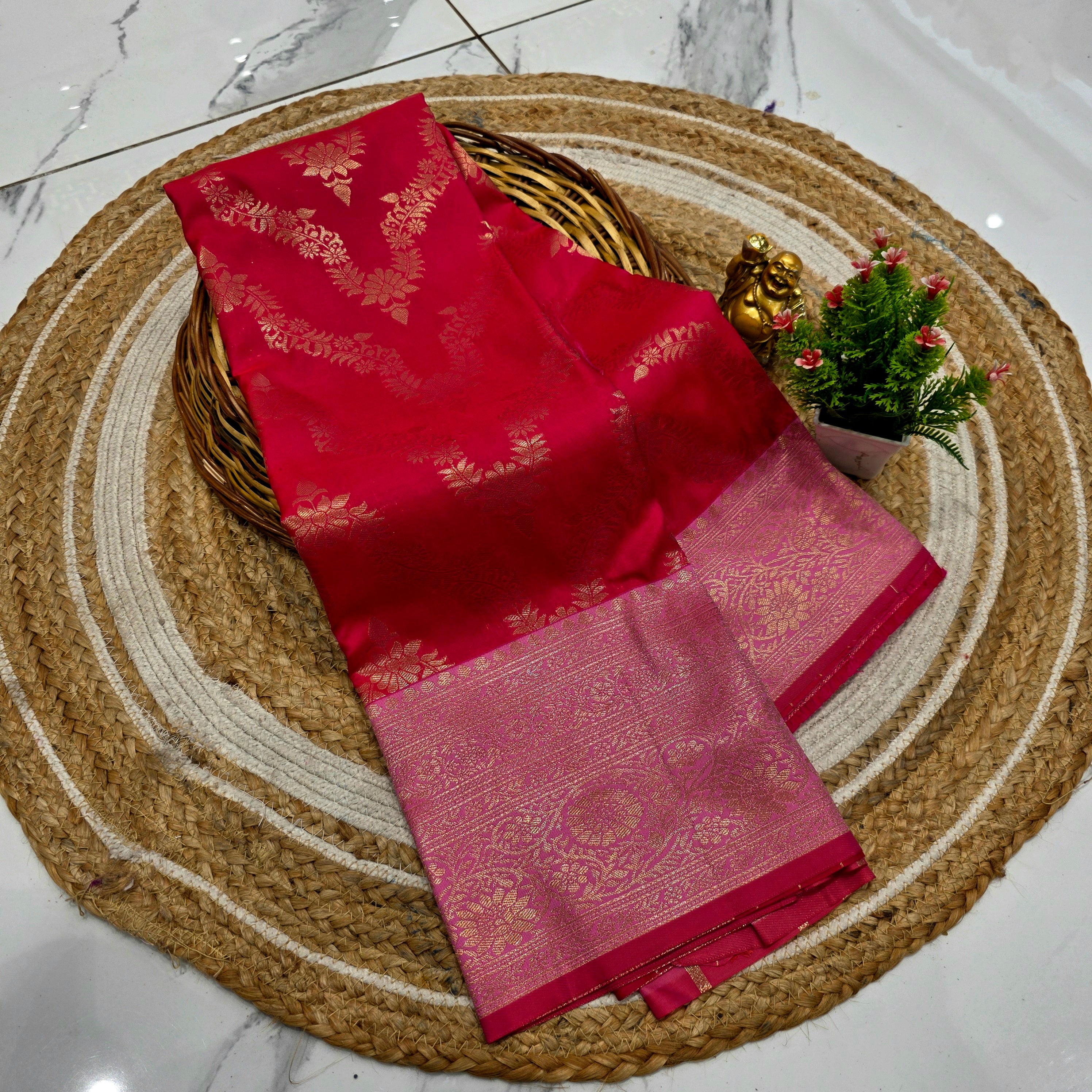 Vibrant Red and Pink Silk Saree