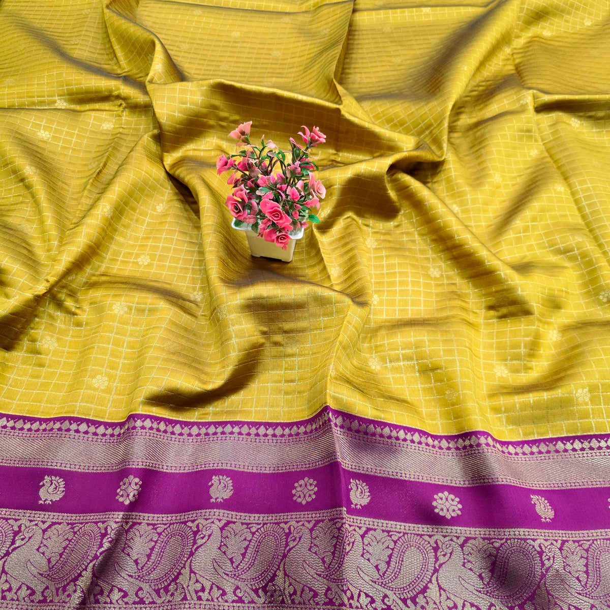 Checked Gold Woven Silk Saree