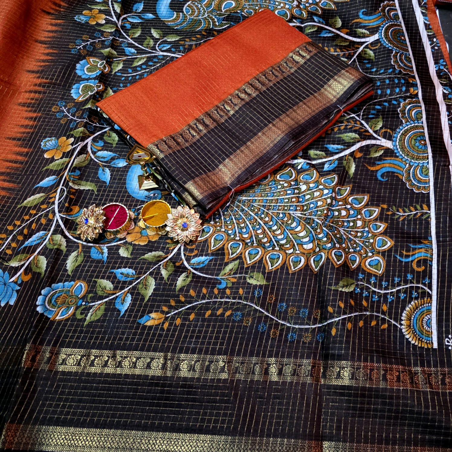 Rustic Orange Checked Silk saree