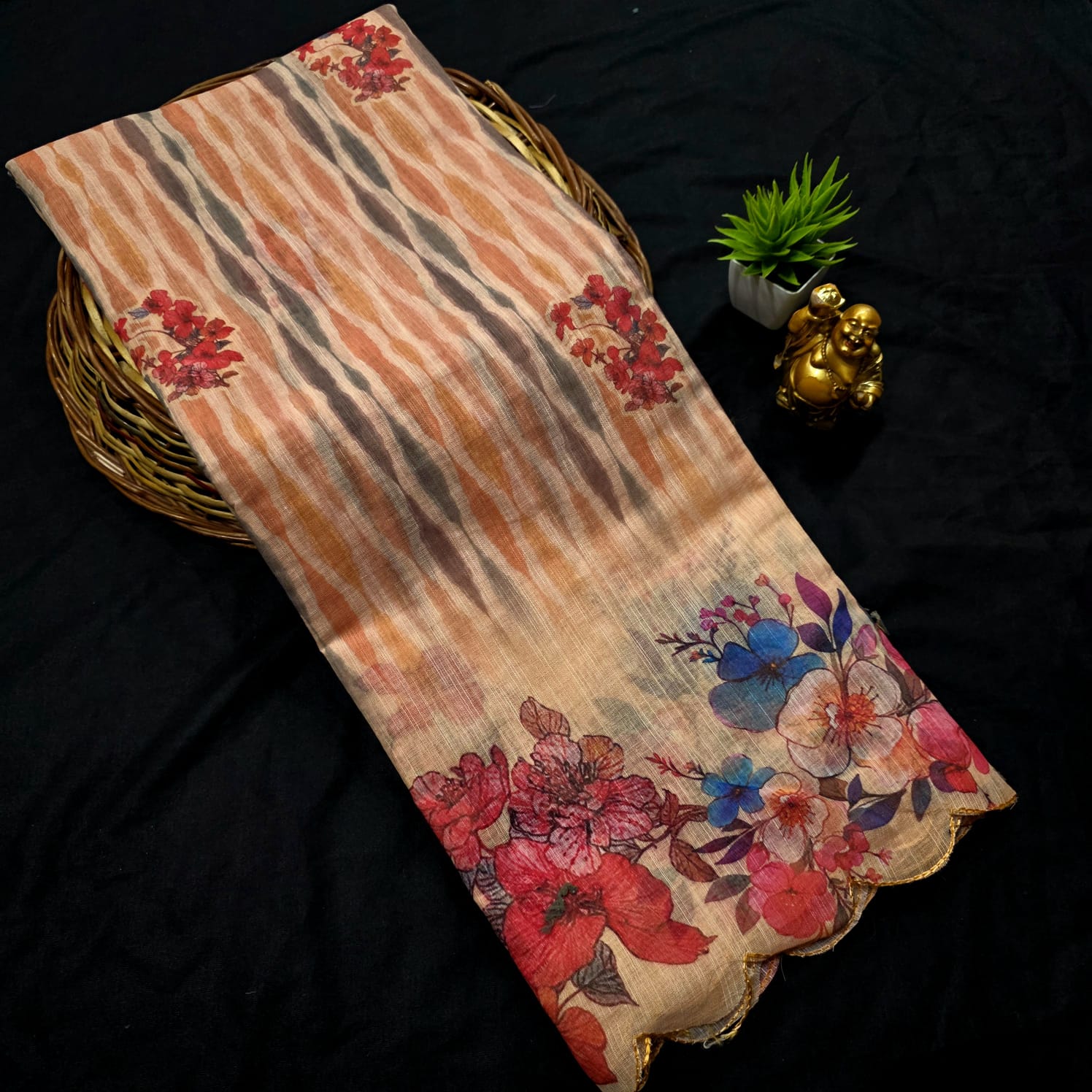 Linen Embroidery Printed Saree