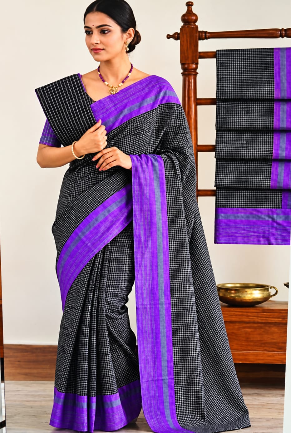 Linen Checked Cotton Saree