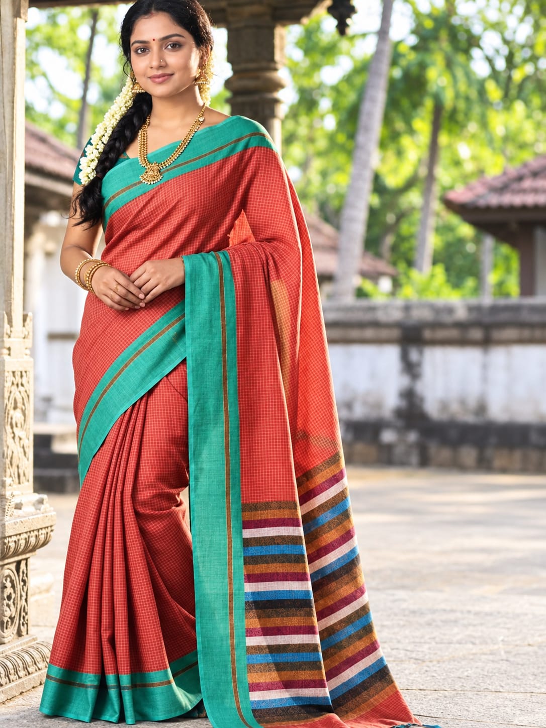 Linen Checked Cotton Saree