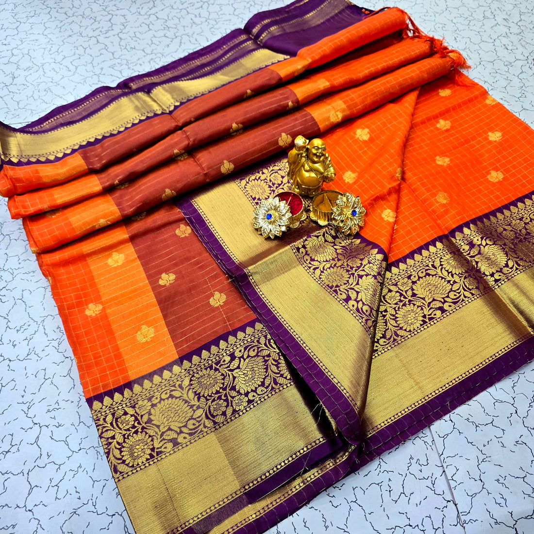 Rust Orange Cheked Saree