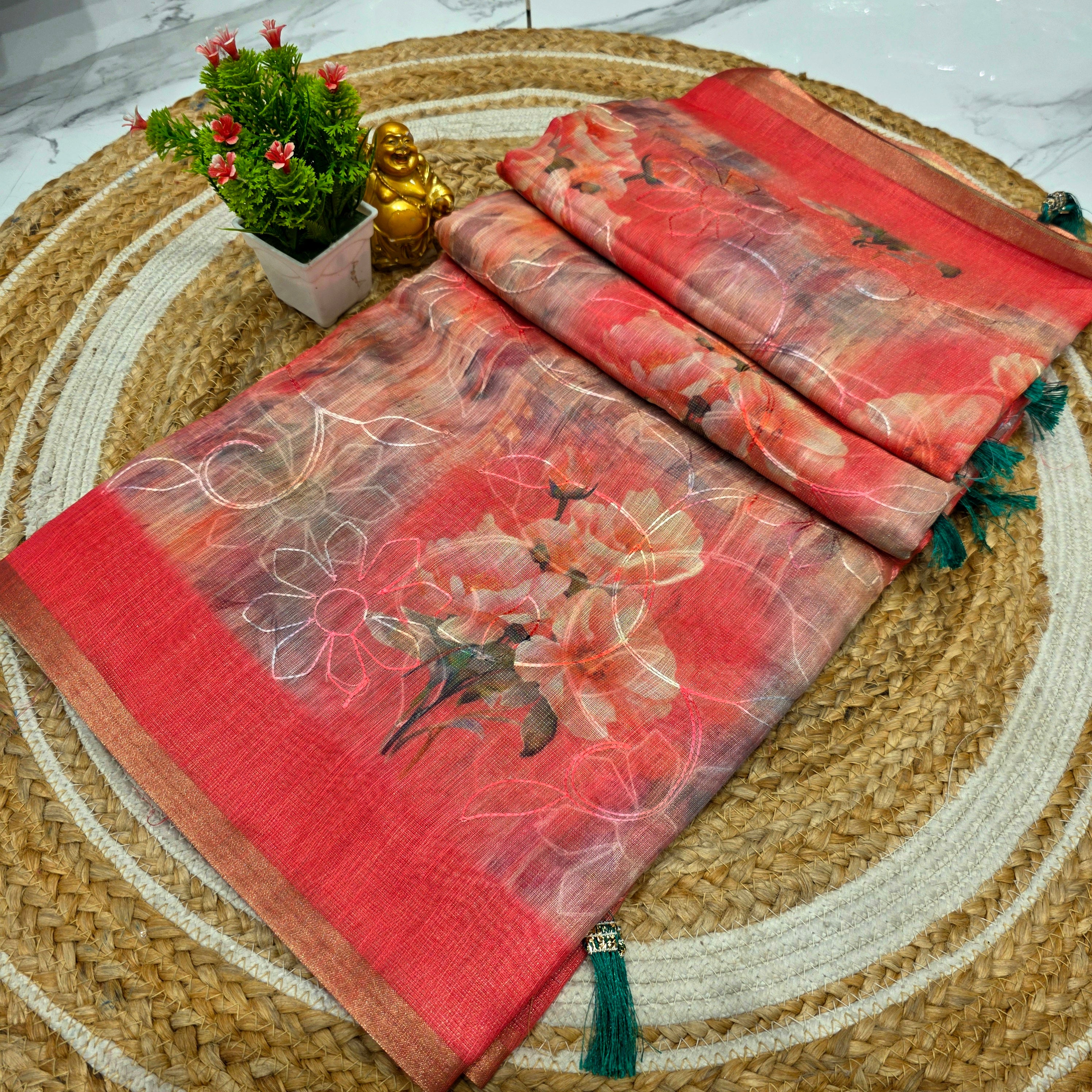 Premium Floral Linen Cotton Saree