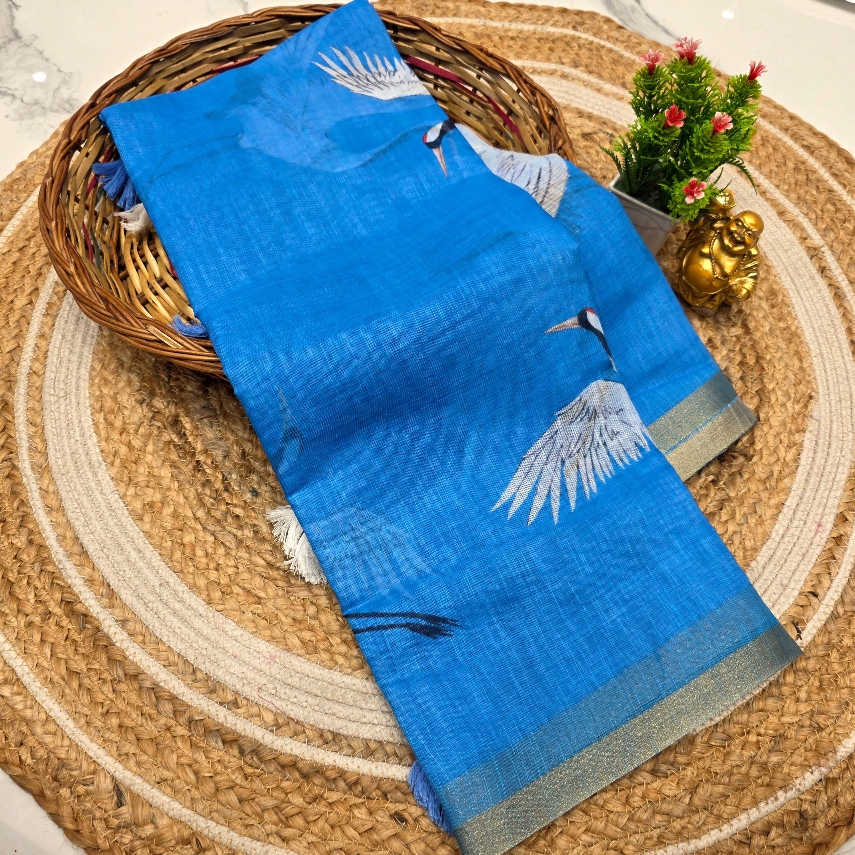 Linen Cotton Saree with Crane Print