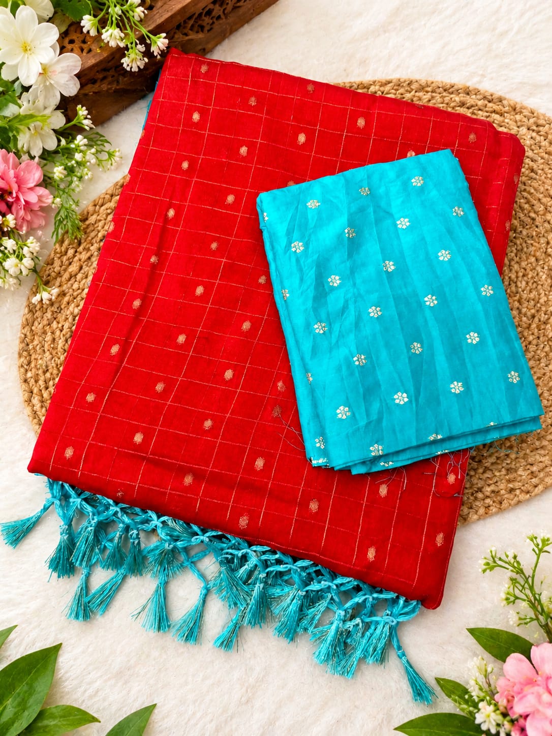 Red & Sky Blue Border Dola Silk Saree