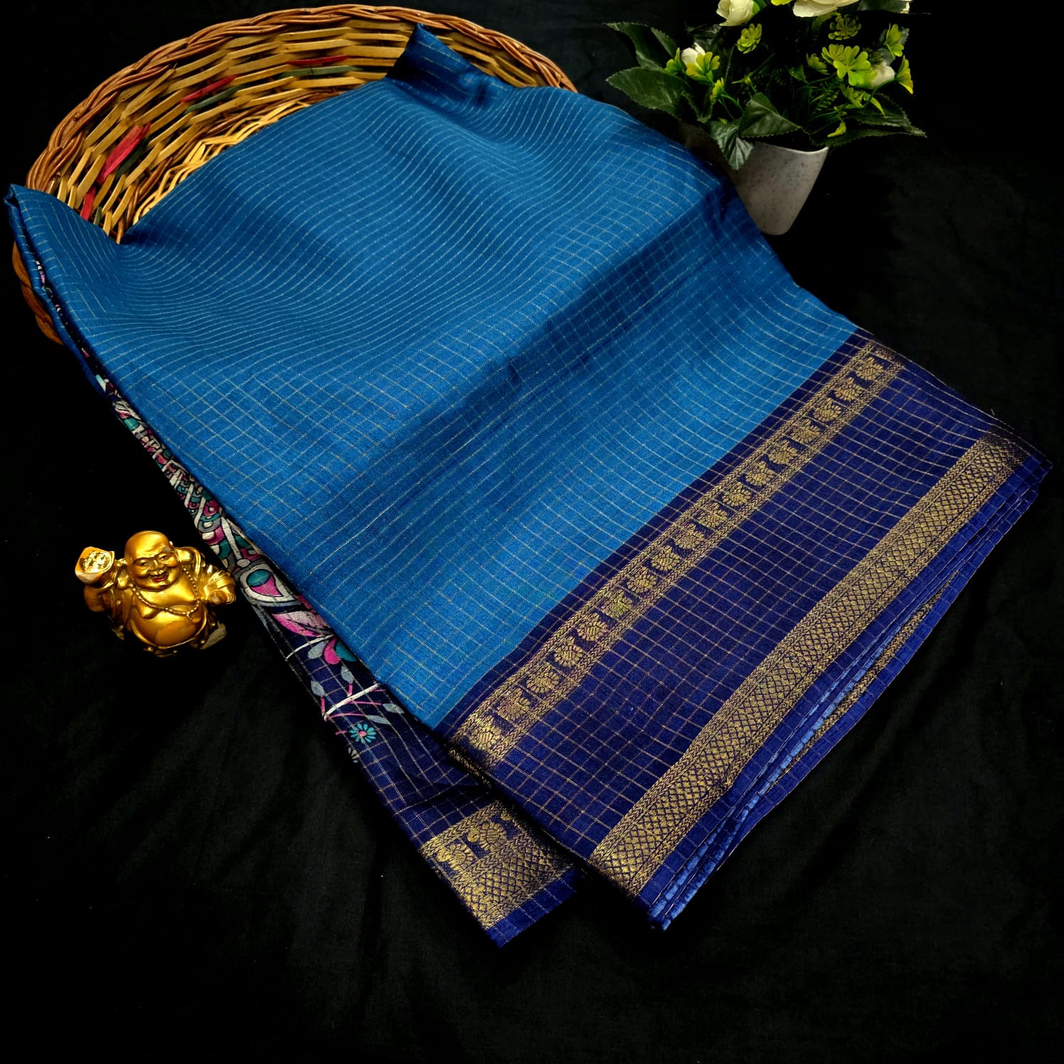Blue Checked Silk Saree