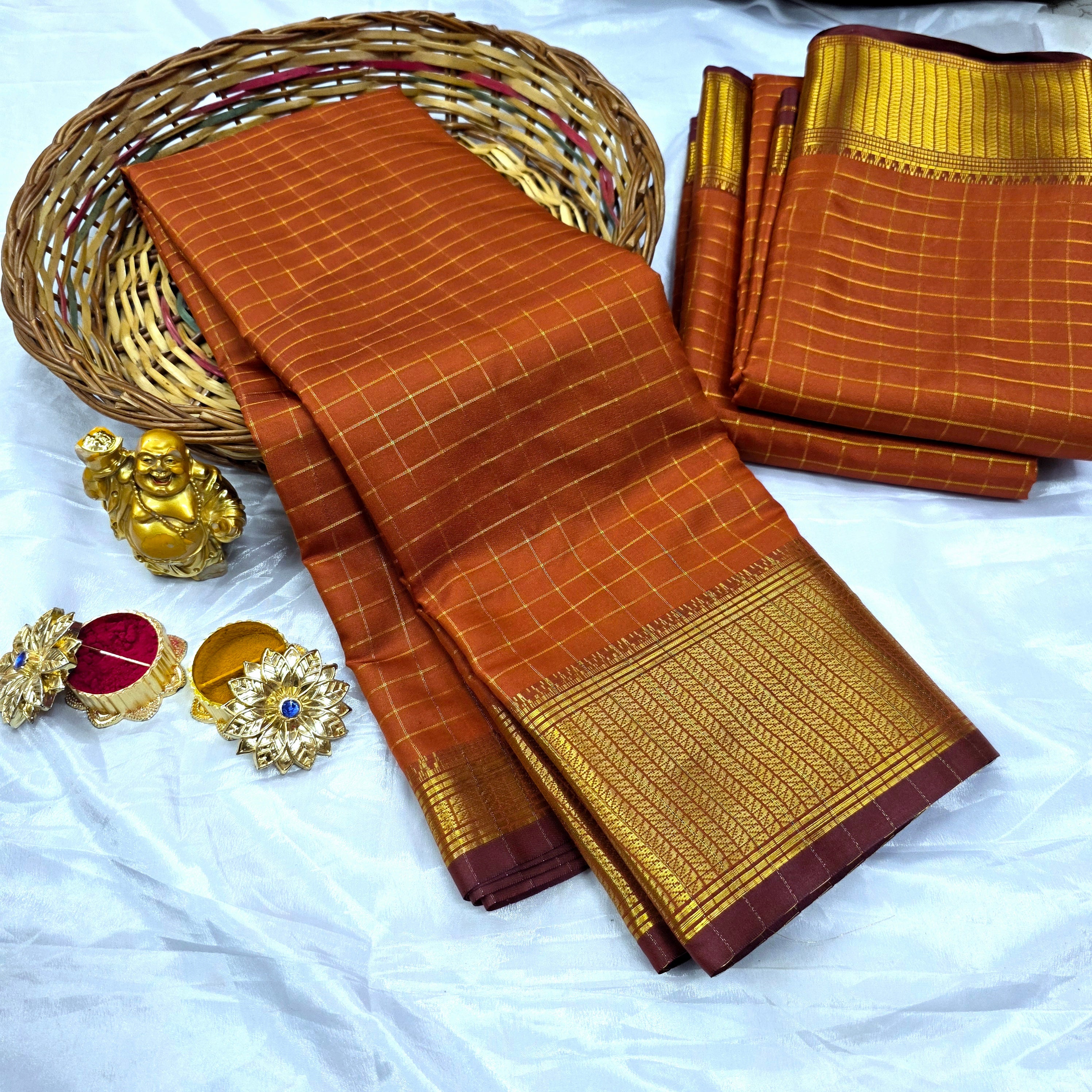 Rust Orange Cheked Saree