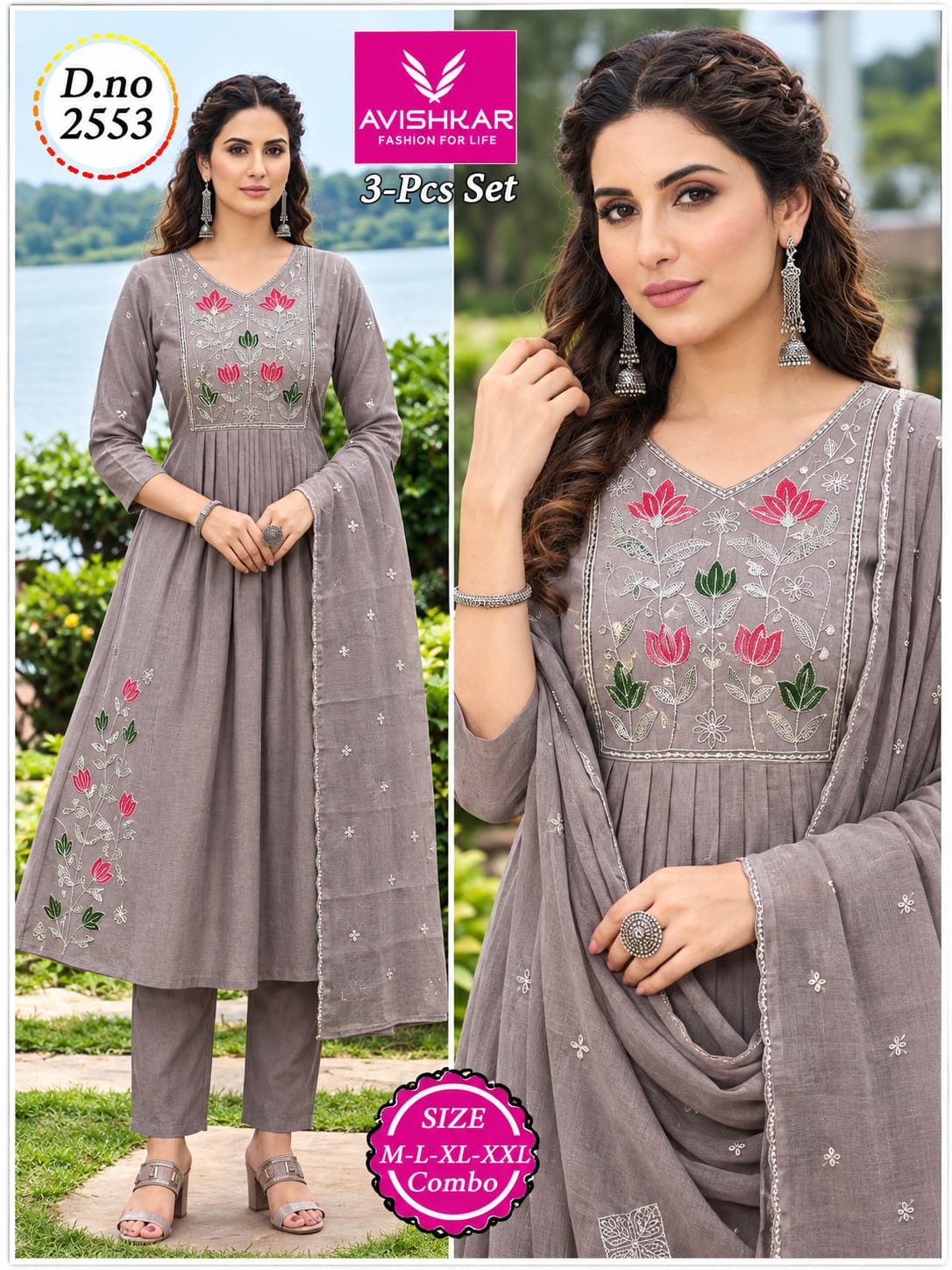 3-Pcs Embroidered Anarkali Kurti Set