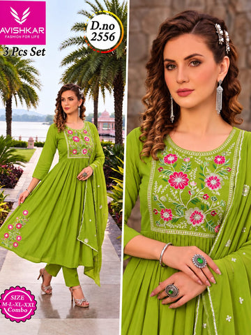 3-Pcs Embroidered Anarkali Kurti Set