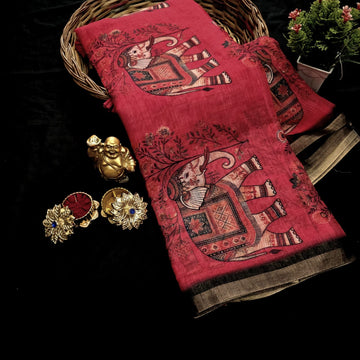 Linen Cotton Elephant Design Saree