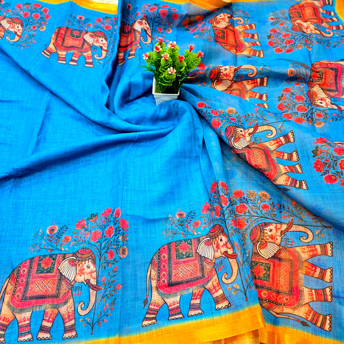 Linen Cotton Elephant Design Saree