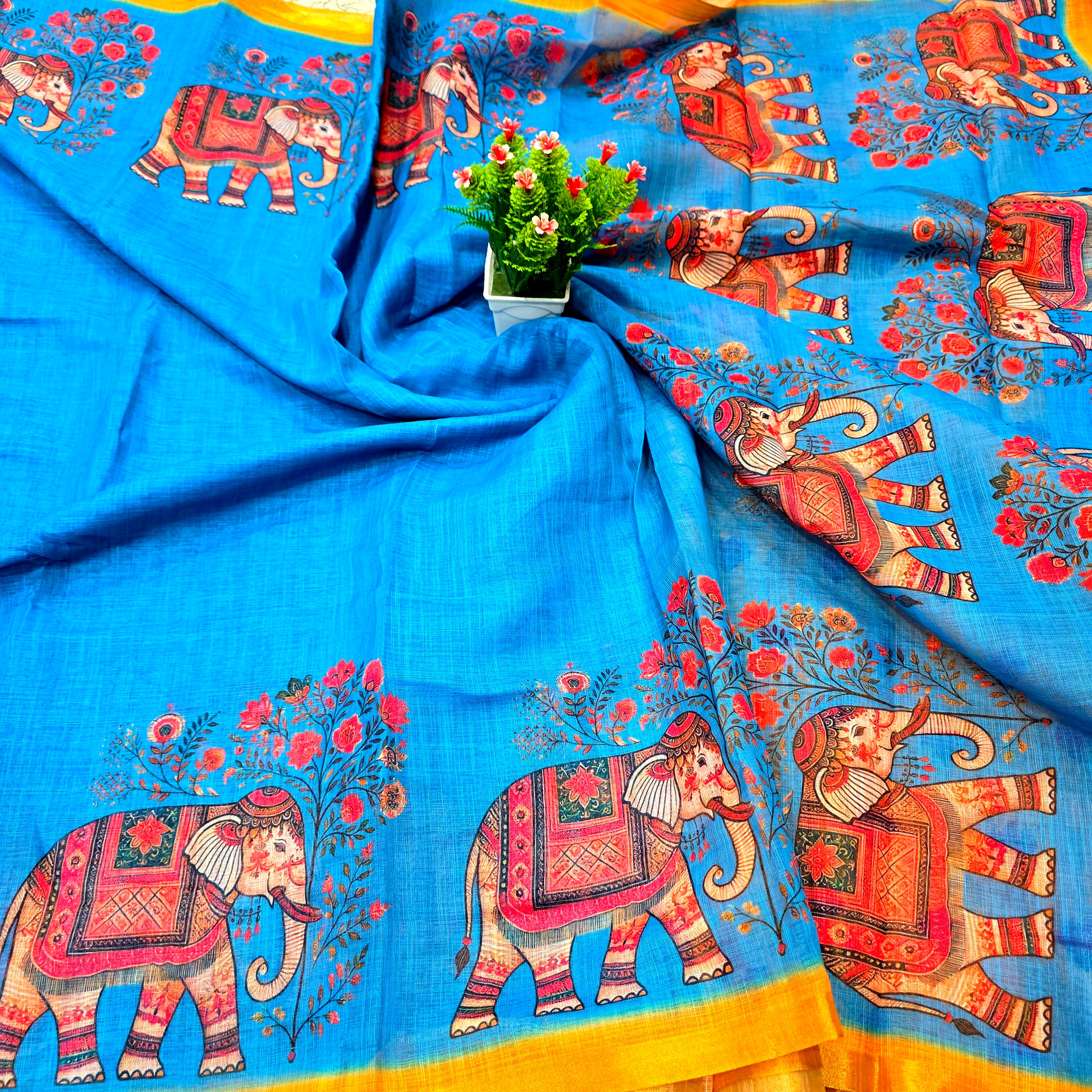 Linen Cotton Elephant Design Saree