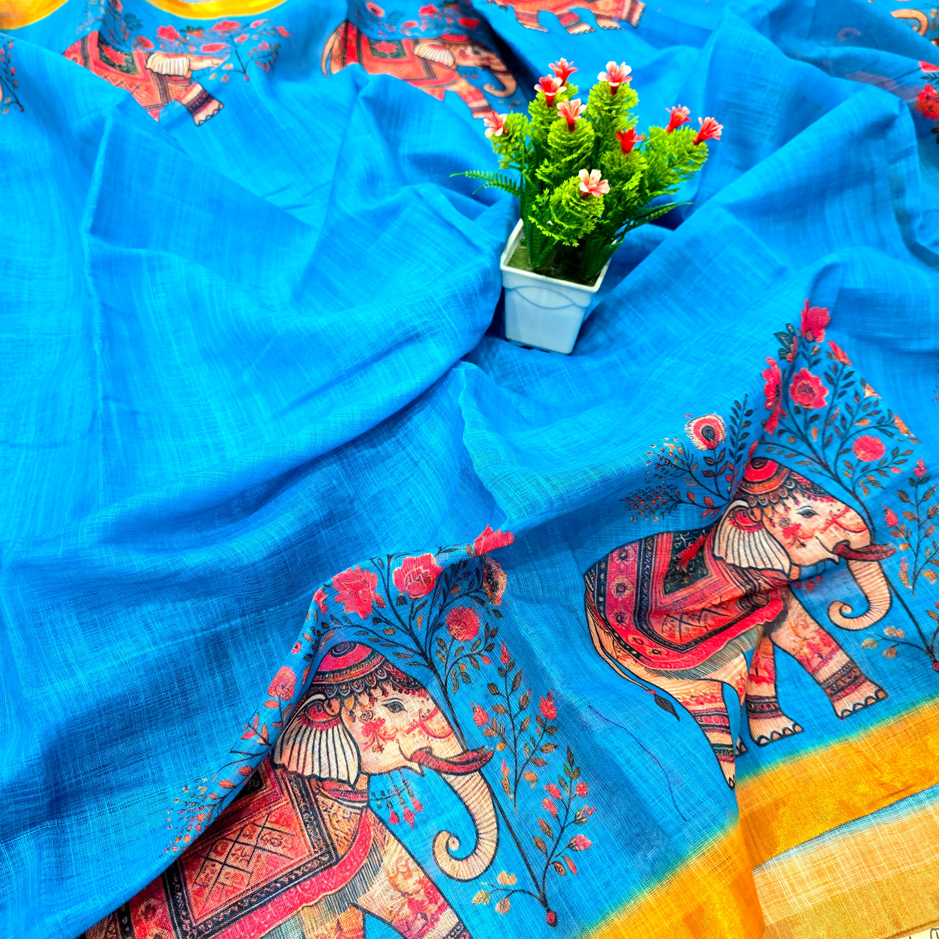 Linen Cotton Elephant Design Saree