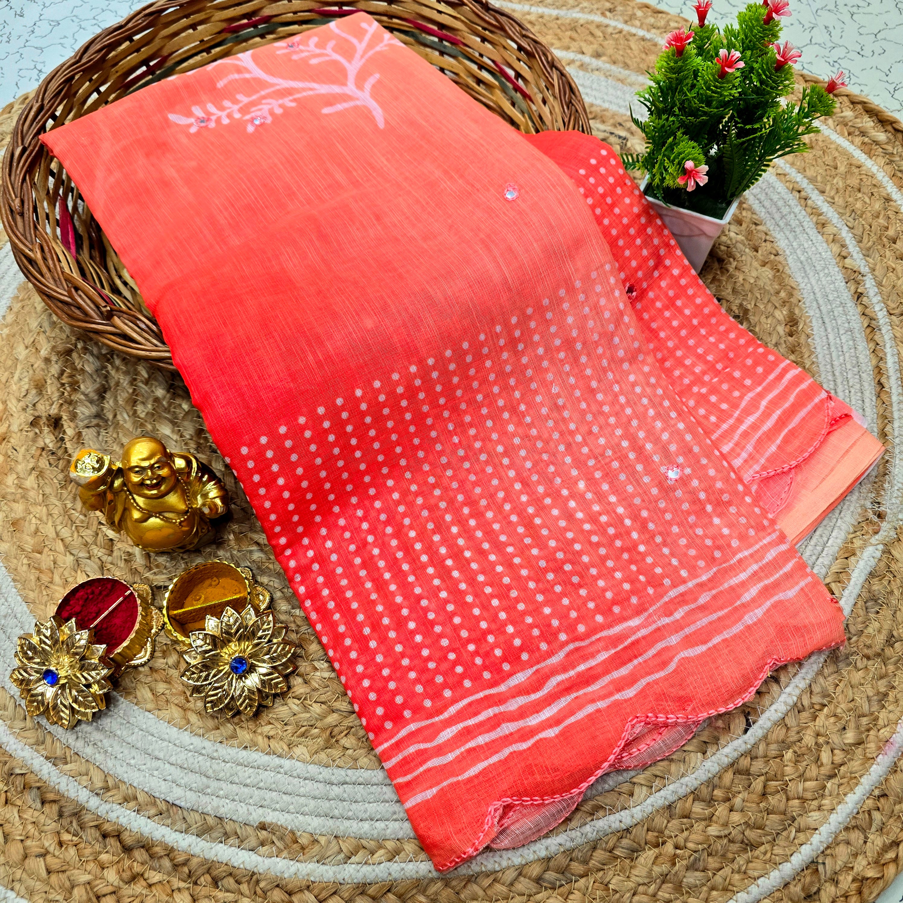 Soft Linen Cotton Mirror Work Saree