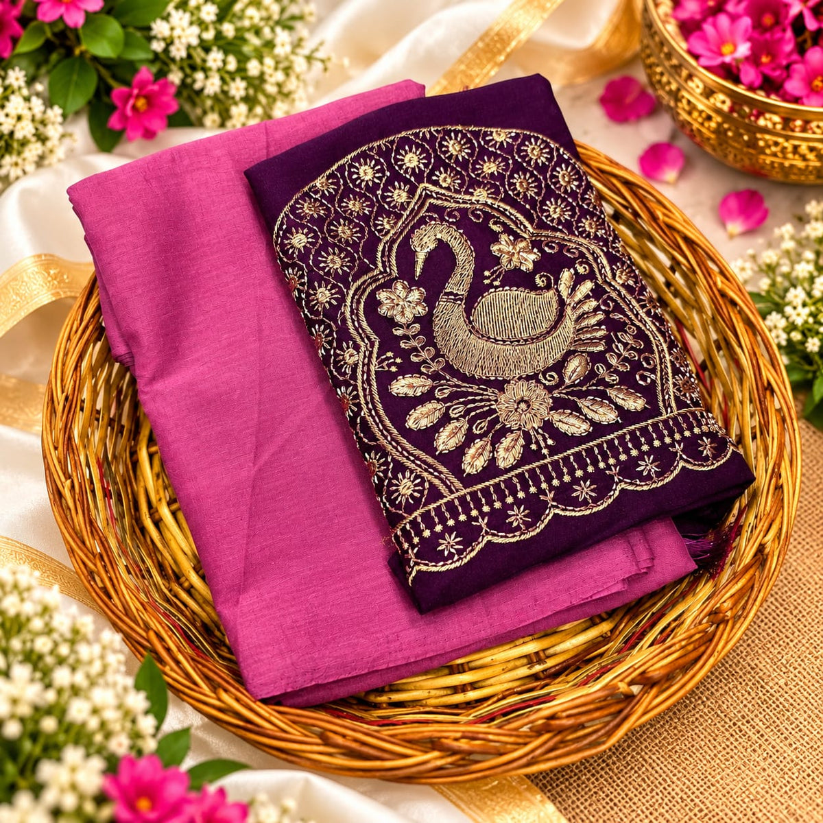 Crush Silk Saree With Embroidered Work Blouse