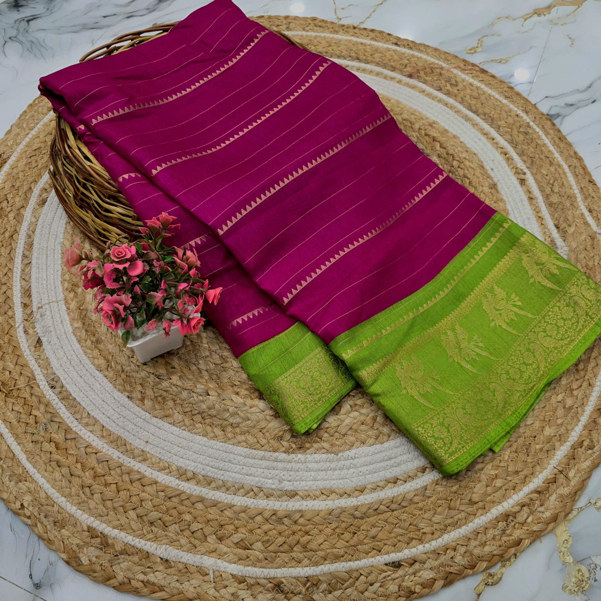 Dola Silk Zari Border with Peacock Design Saree ( same colour only dispatch )