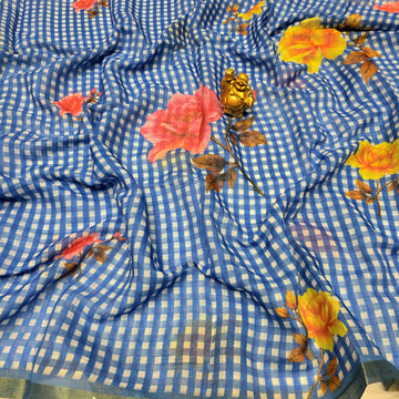 Floral Checks Linen Cotton Saree ( Same Colour only dispatch )